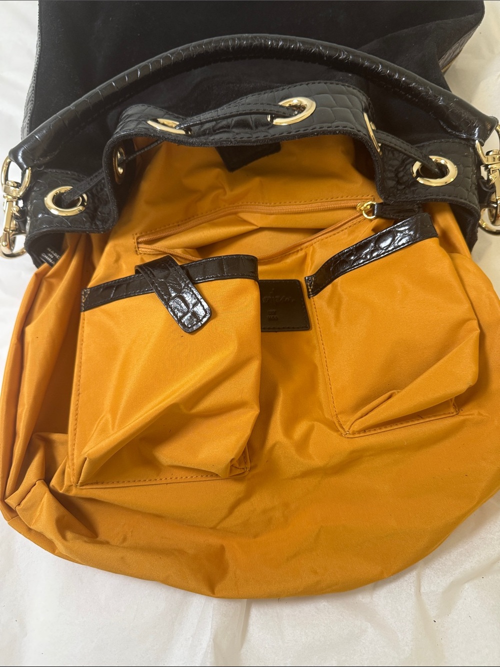 Cole Haan Black Suede Drawstring Shoulder Bag with Gold Hardware - Picture 7 of 12